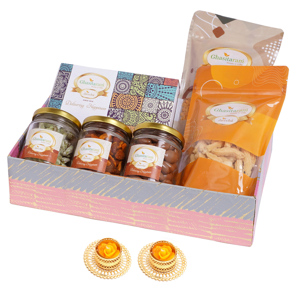Pink basket of Assortments with Bites with 2 T-lights