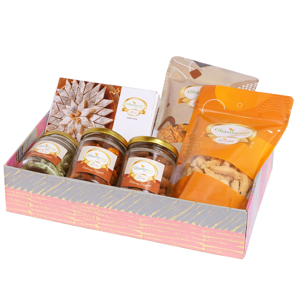 Pink basket of Assortments with Kaju Katli