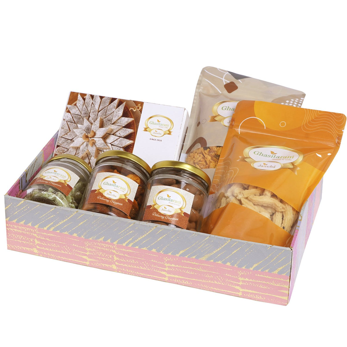 Diwali Gifts-Pink basket of Assortments with Kaju Katli