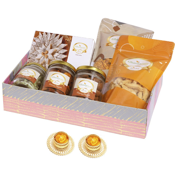 Diwali Gifts-Pink basket of Assortments with Kaju Katli and 2 T-lights