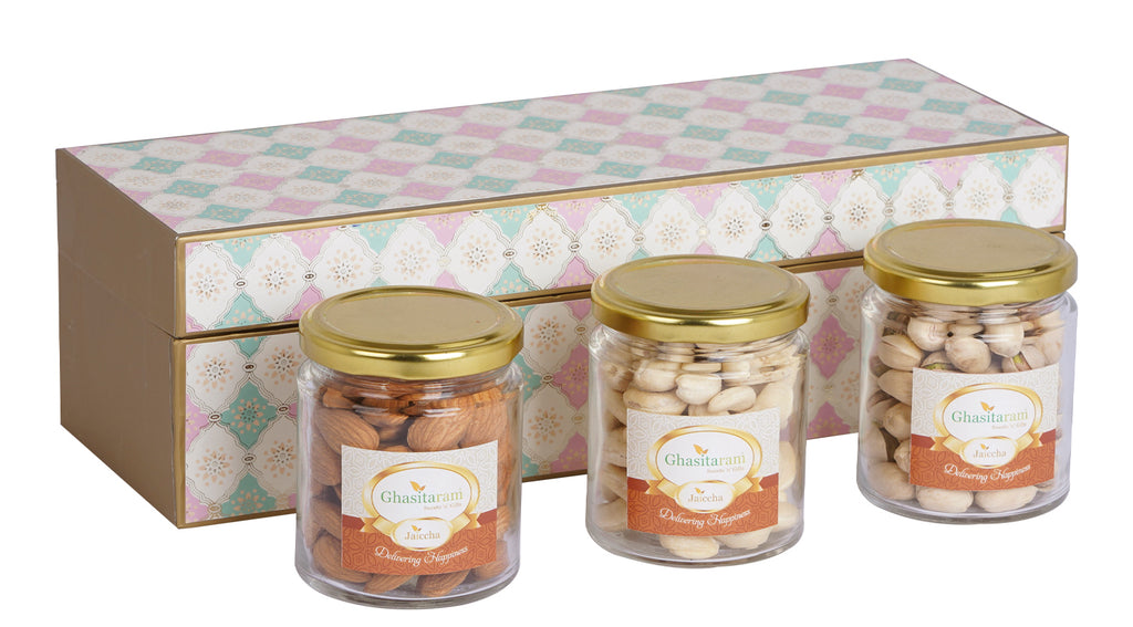 Diwali Gifts-Printed Box 3 Jars of Cashews, Almonds, Pistachios