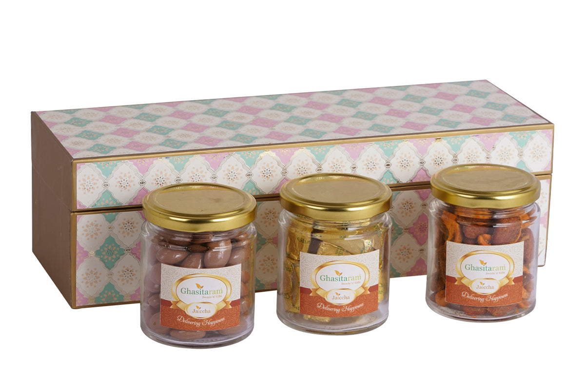 Printed Box 3 Jars of Choco Almond, Mix Dryfruit and Mewa Bites
