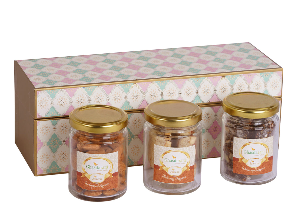 Diwali Gifts-Printed Box 3 Jars of Sugarfree Almond Bites, Anjeer Barfi and Almonds
