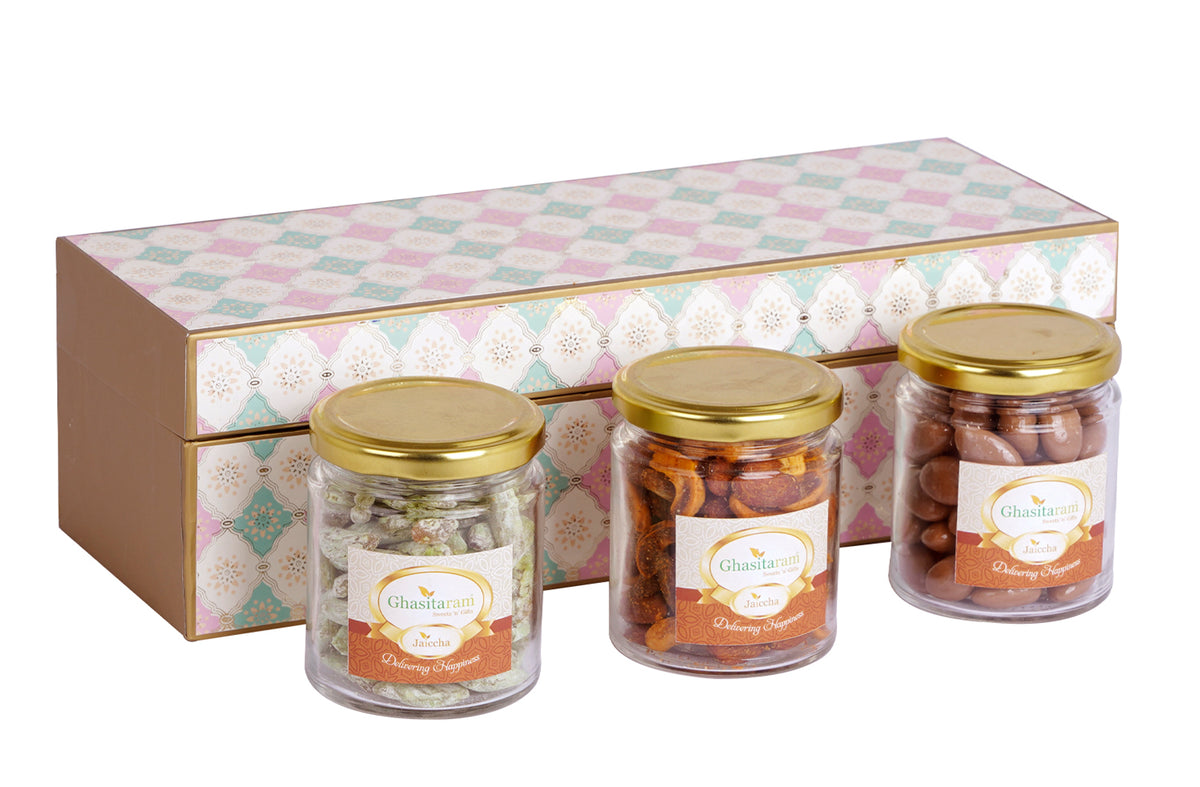 Printed Box 3 Jars of Choco Almonds, Paan Raisins and Mixed Dryfruit