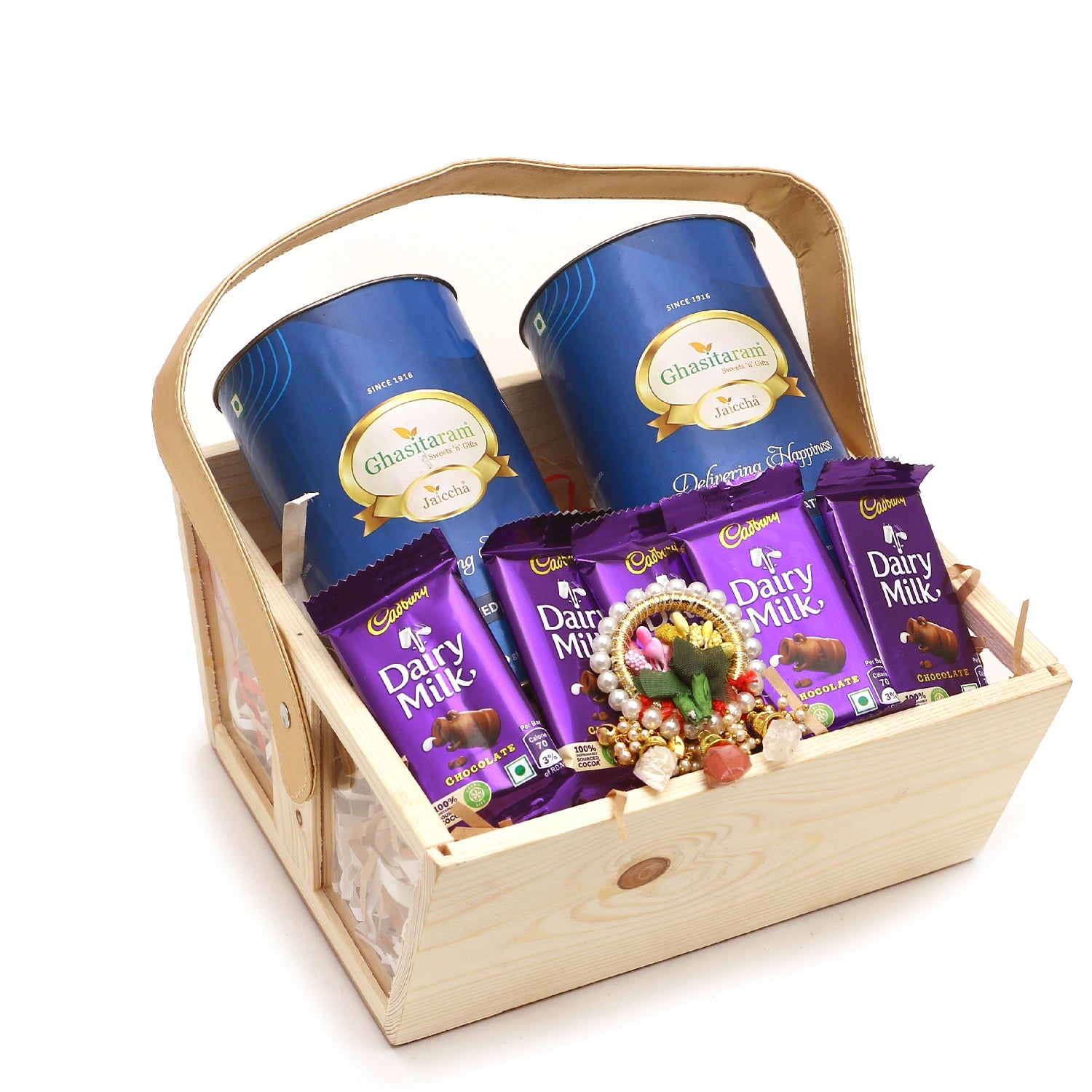 Rakhi Gift Basket - Kaju Katli, Chevdo, Jeera Puri and chocolate in a  Beautiful Basket… - Indian Gifts Valley