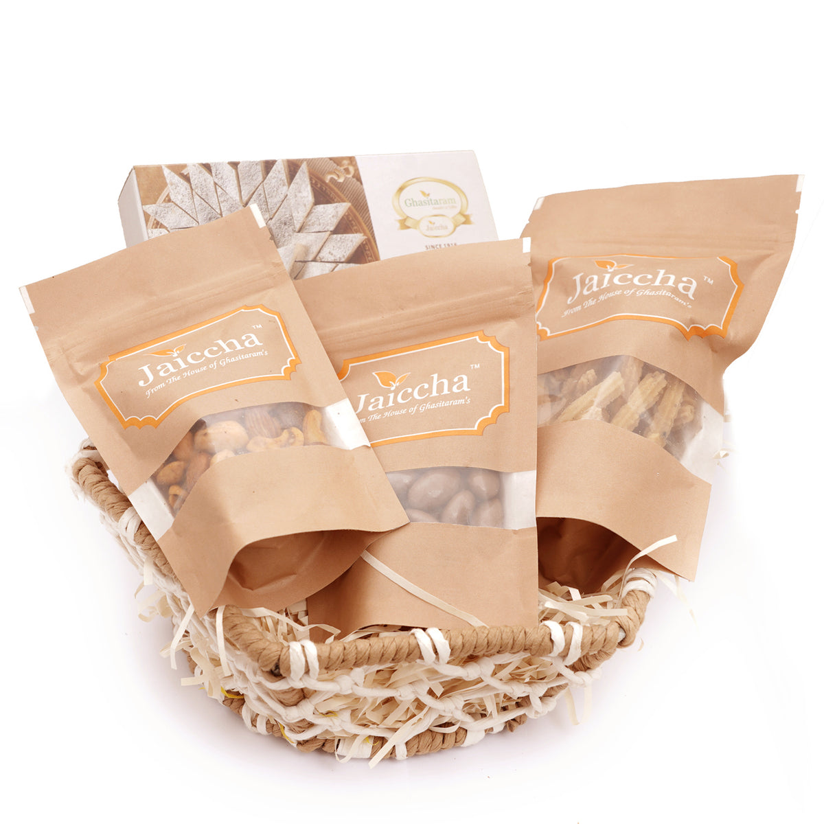 Diwali Gifts-Jute Hexagon Basket with kaju Katli