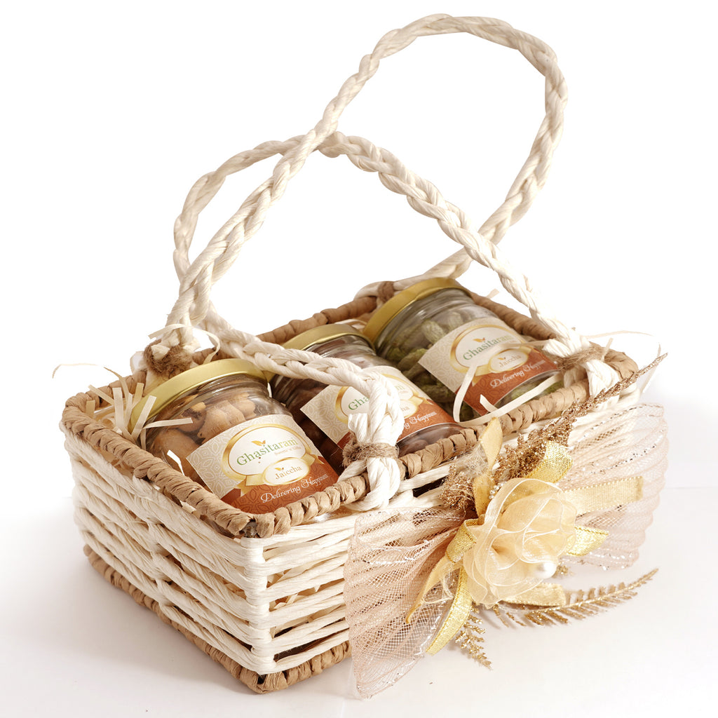 Diwali Gifts-Jute small basket with flower 3 jars