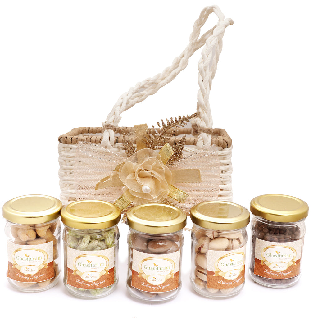 Diwali Gifts-Jute small basket with flower 5 Jars
