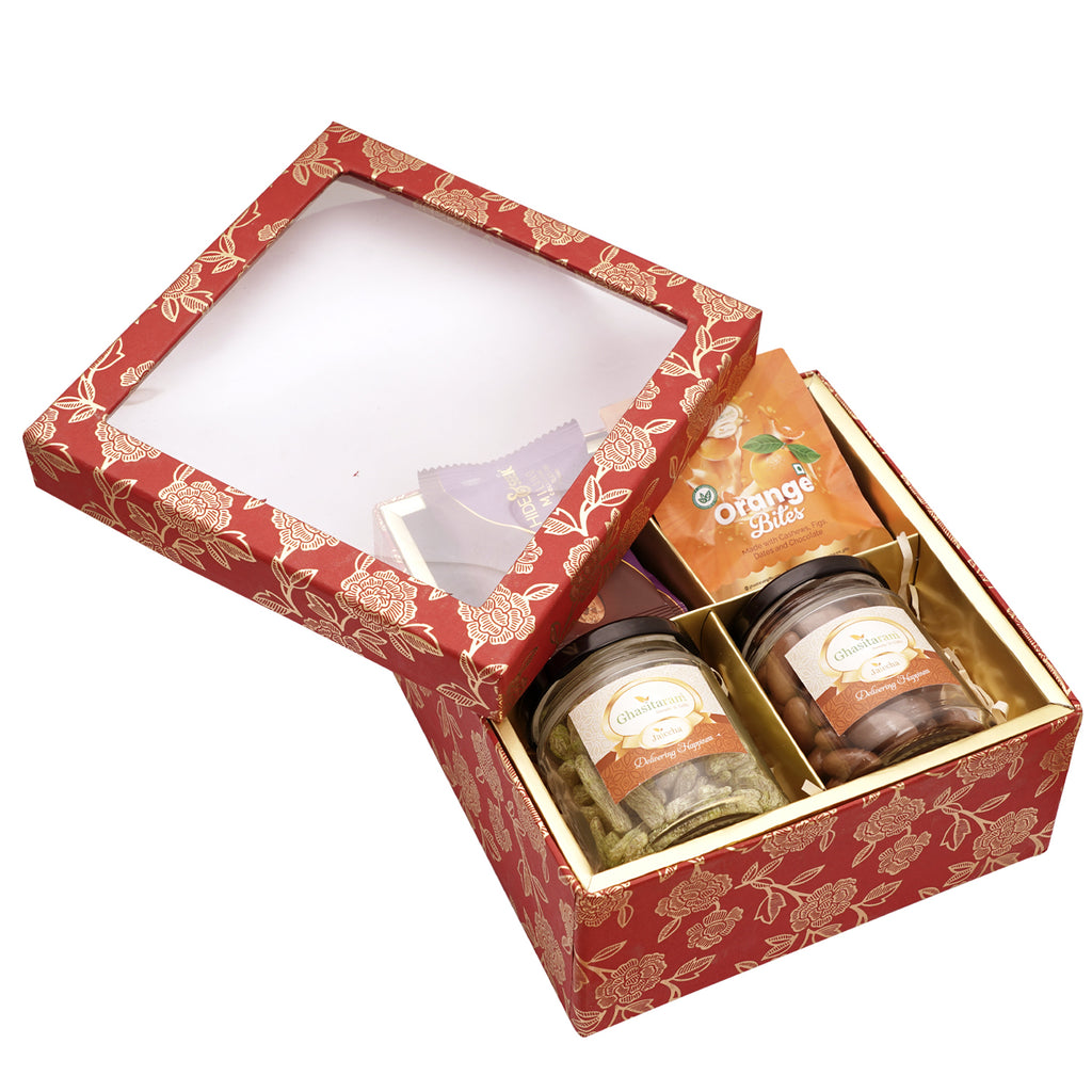 Diwali Gifts-Red Printed 4 Part Fancy Box