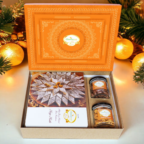 Holi Sweets| Holi Hampers| Holi Gifts Ghasitaram Orange Hamper Box with Kaju Katli , Choco Almonds, and Crunchy Cashews