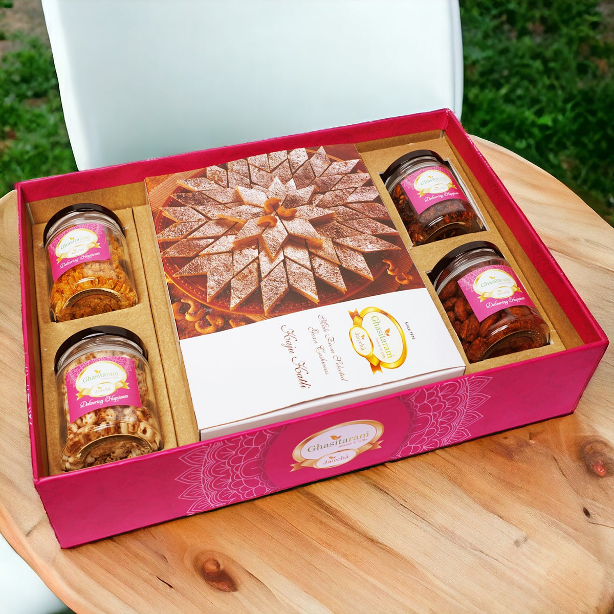 Holi Sweets| Holi Hampers| Holi Gifts Ghasitaram Big Hamper Tray  of Kaju Katlis, Peri Almonds, Chiwda, Wheat puffs and Paan