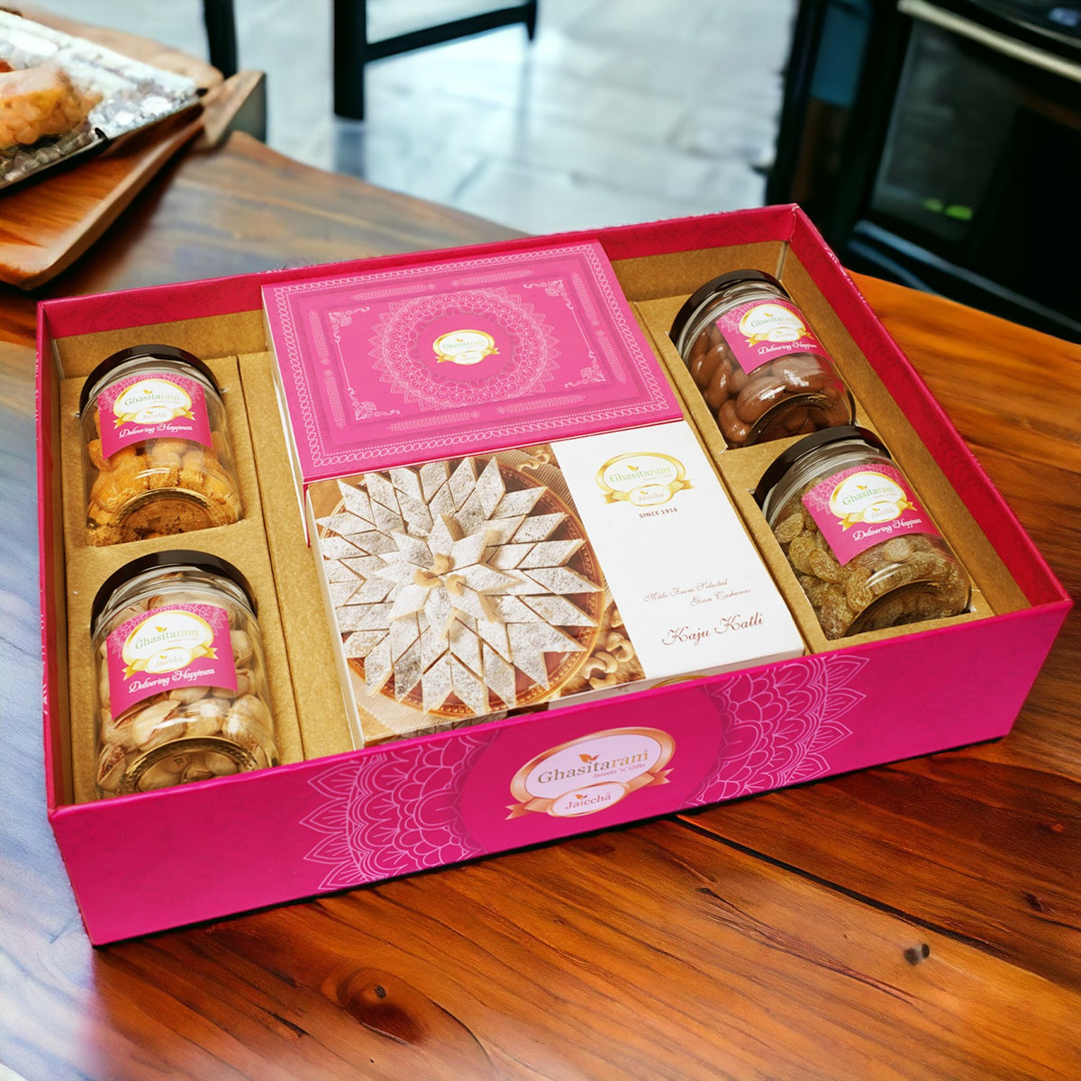 Holi Sweets| Holi Hampers| Holi Gifts Ghasitaram Big Hamper Tray of Kaju Katlis, Milk Cake, Crunchy Cashew, Paan Raisins, Choco Almonds, and Pistachios