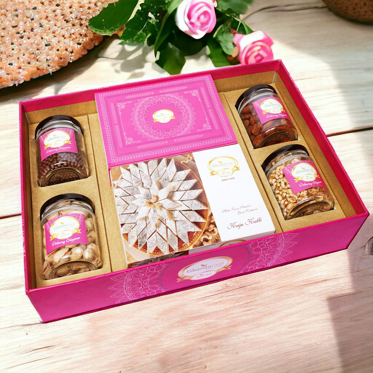 Holi Sweets| Holi Hampers| Holi Gifts Ghasitaram Big Hamper Tray of Kaju Katlis, Milk Cake, Peri Almonds, Pistachio, Wheat puffs and Choco Rice Crispies
