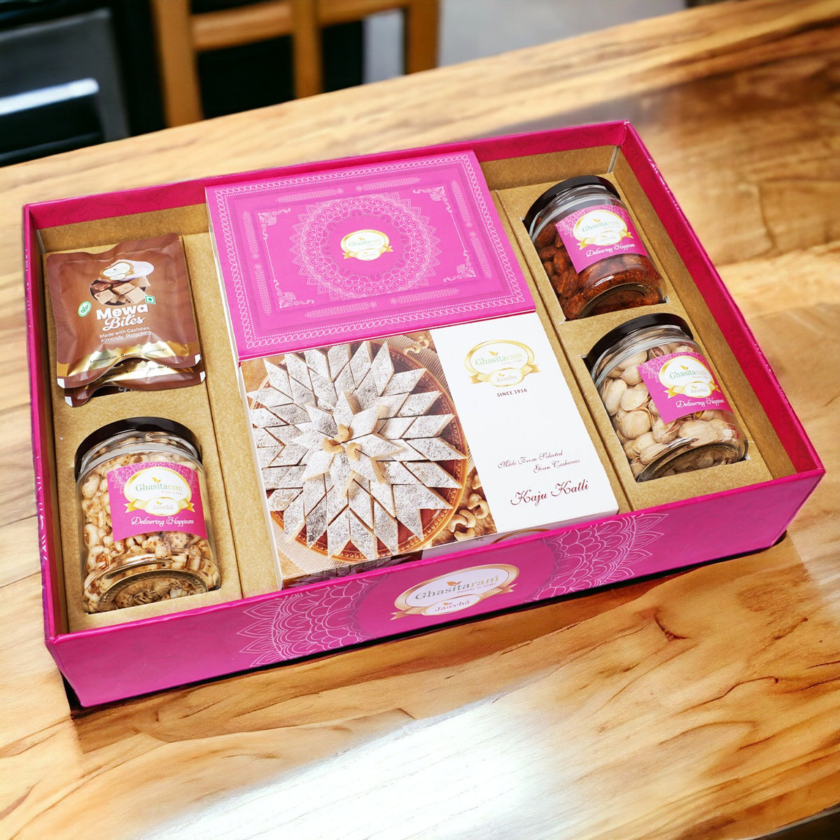 Holi Sweets| Holi Hampers| Holi Gifts Ghasitaram Big Hamper Tray of Kaju Katlis, Milk Cake, Peri Almonds, Pistachio, Wheat Puffs and Mewa Bites