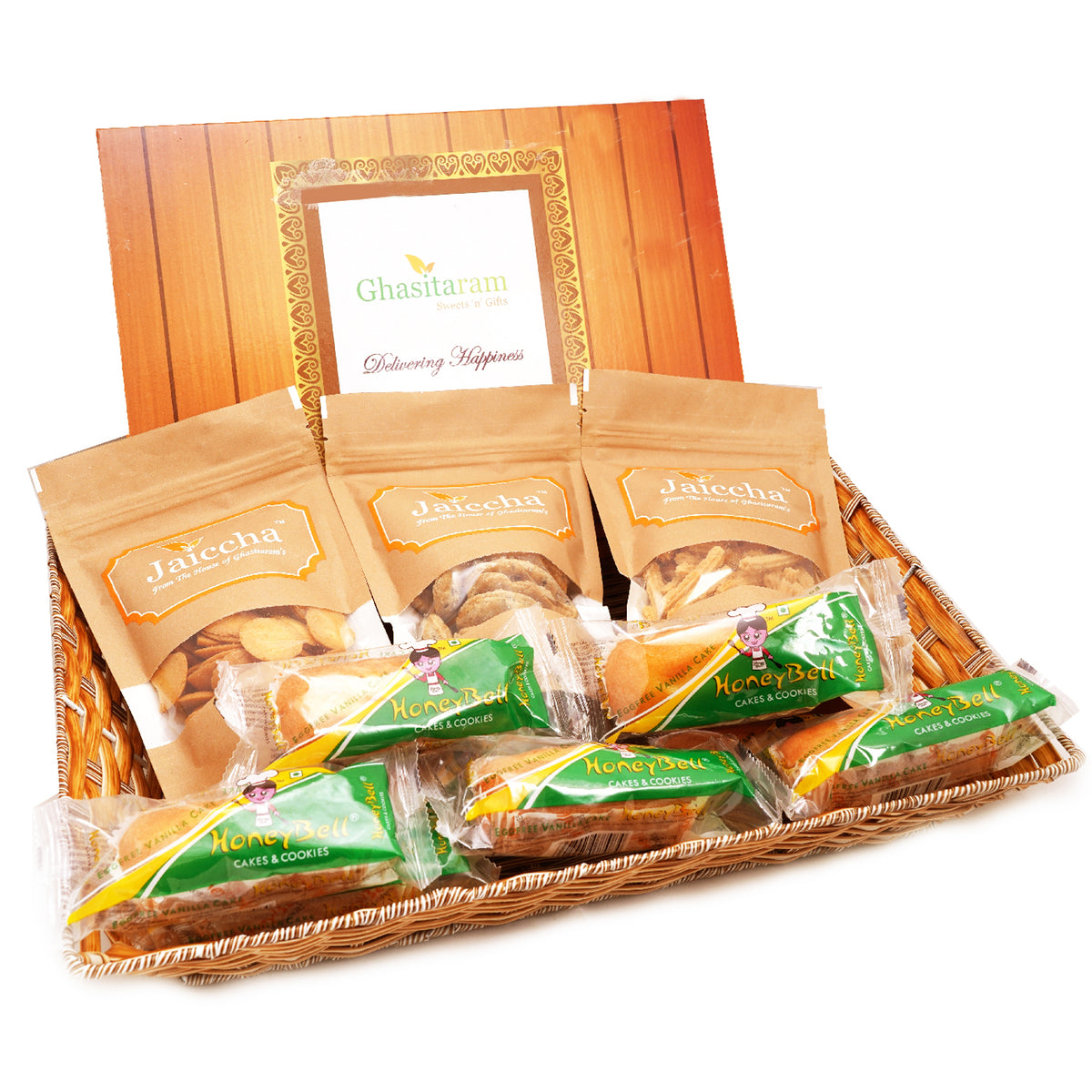 Holi Sweets| Holi Hampers| Holi Gifts-Brown Rectangle Basket of Assorted Gujiyas, Butter Chakli, Coin Biscuit,Methi Mathi and Cake