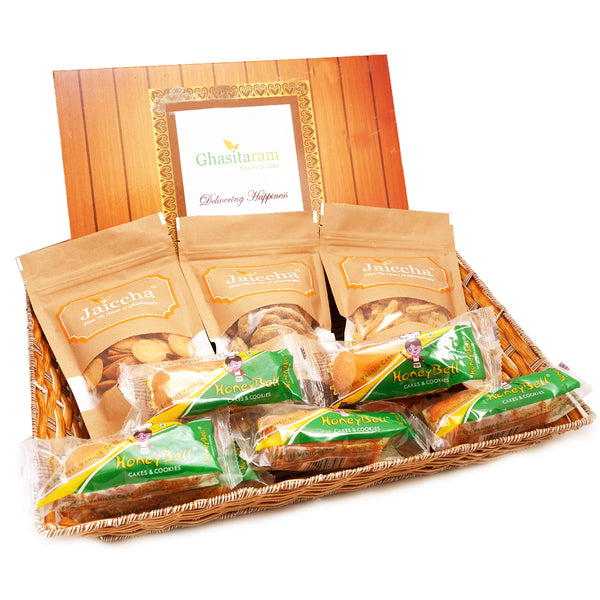 Holi Sweets| Holi Hampers| Holi Gifts-Brown Rectangle Basket of Assorted Gujiyas, Butter Chakli, Coin Biscuit,Methi Mathi and Cake