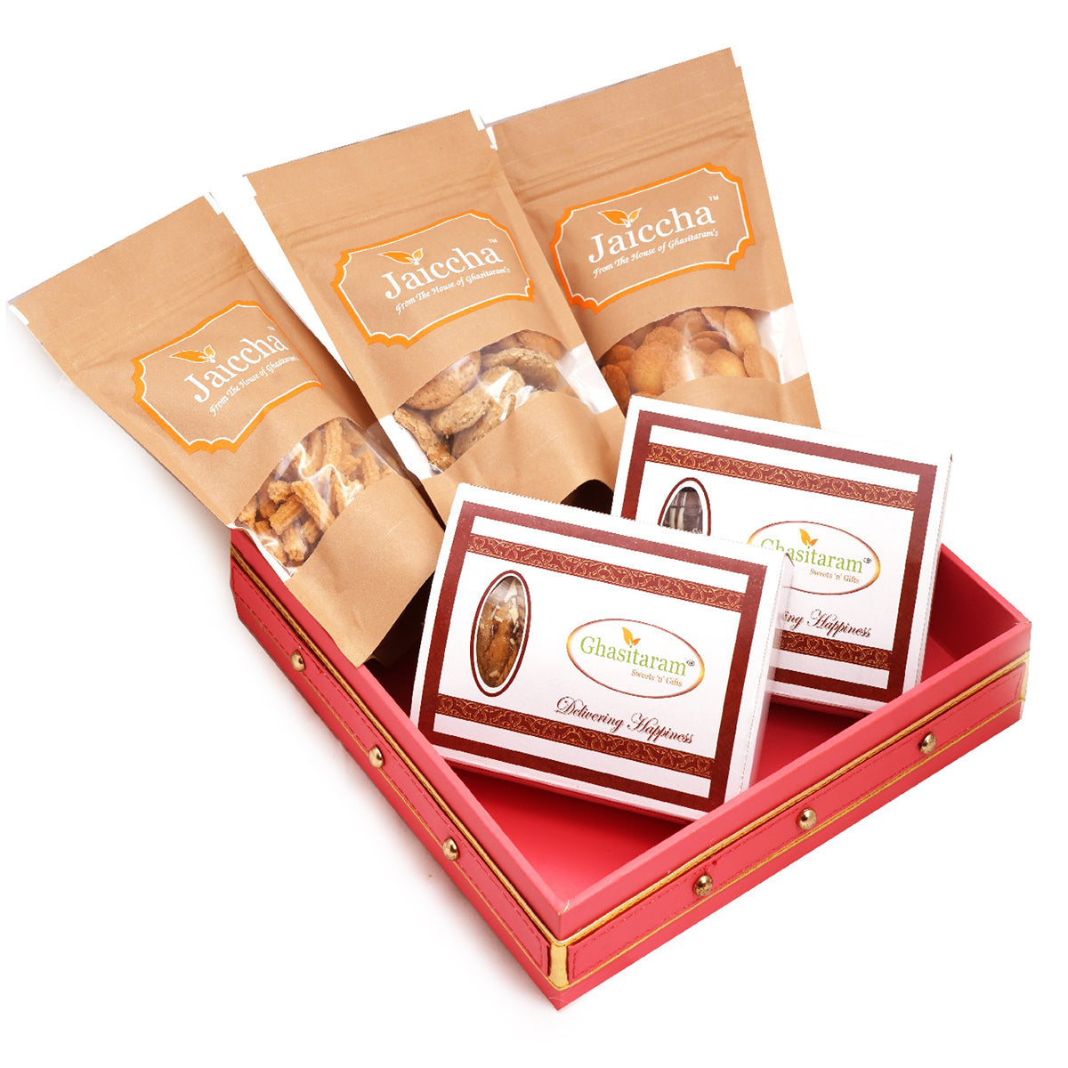 Holi Sweets| Holi Hampers| Holi Gifts-Pink Leather basket of Traditional and Chocolate Gujiyas, Butter Chakli, Methi Mathi and Coin Biscuits