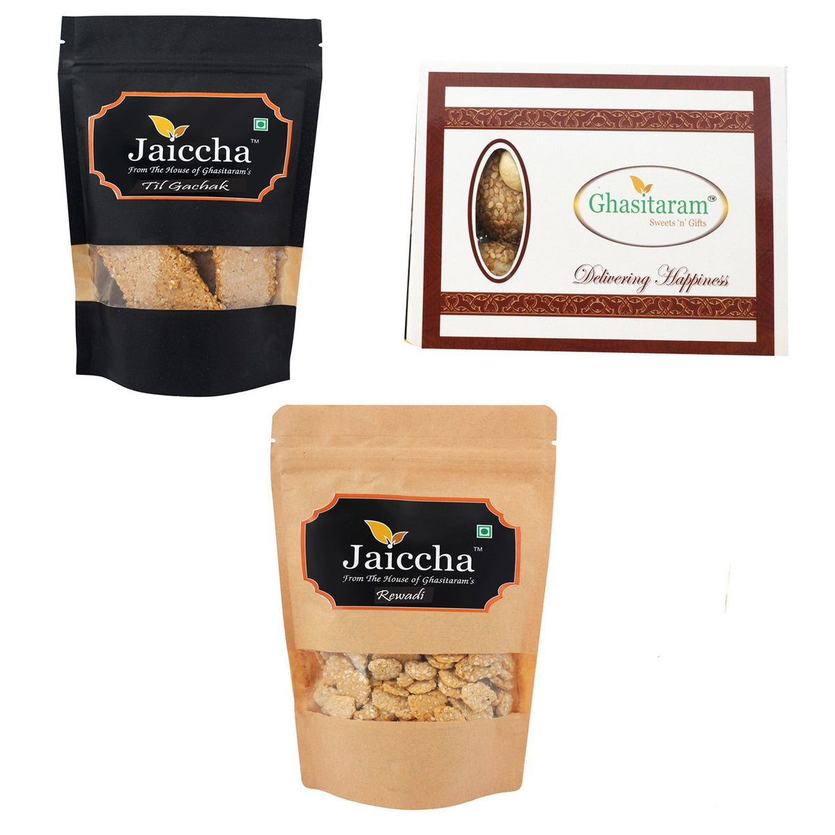 Lohri Sweets Til Gachak, Gud Rewadi Pouches and MawacTil Laddoo(Bhuga) Box