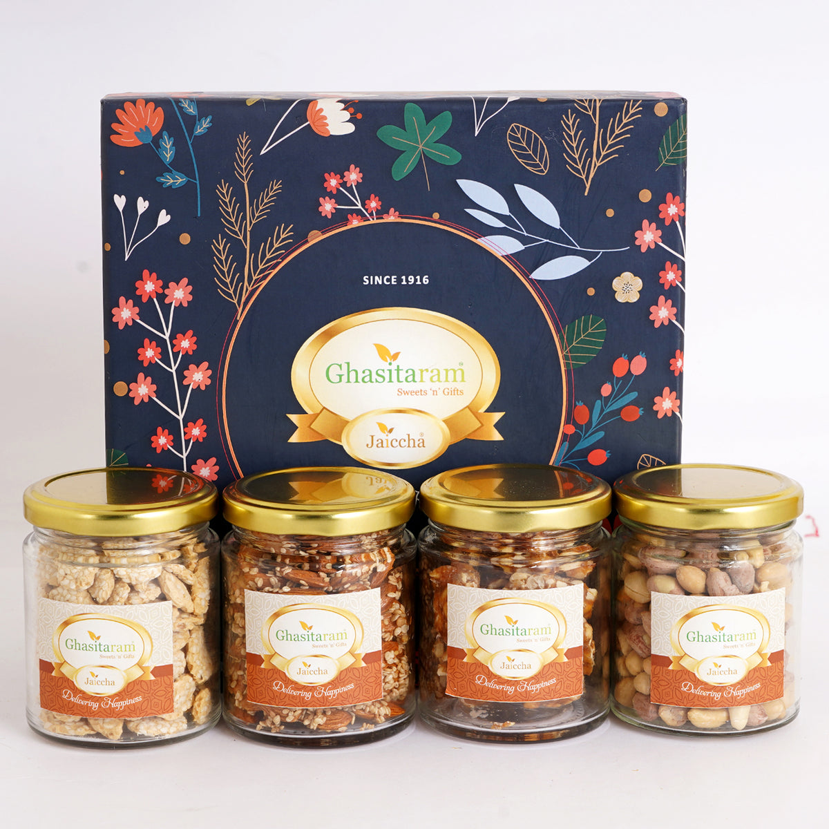 Lohri 4 jar box of revadi, til almonds, chikki and peanuts