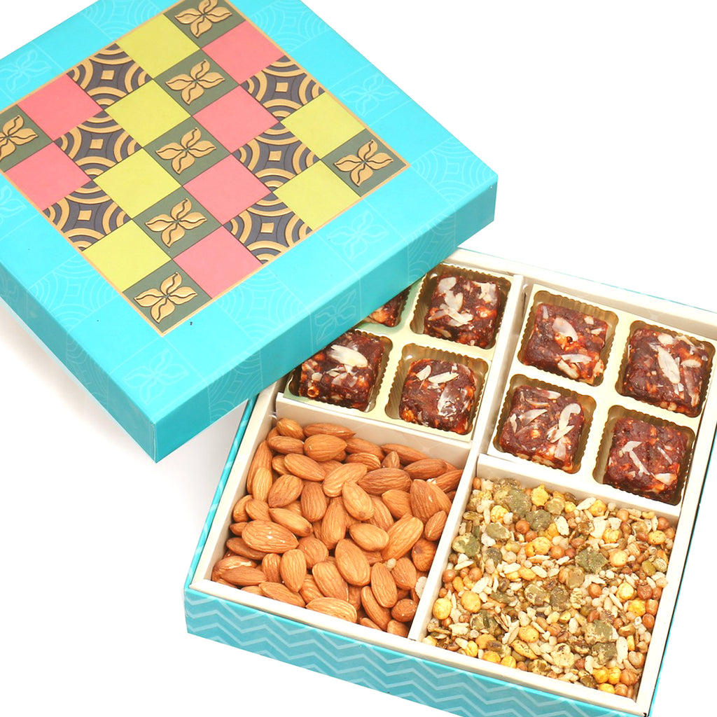 Mother's Day Gift-Blue Pcolourful Print 8 Pcs Sugarfree Dates and Figs Bites ,Almonds and Roasted Namkeen Hamper Box