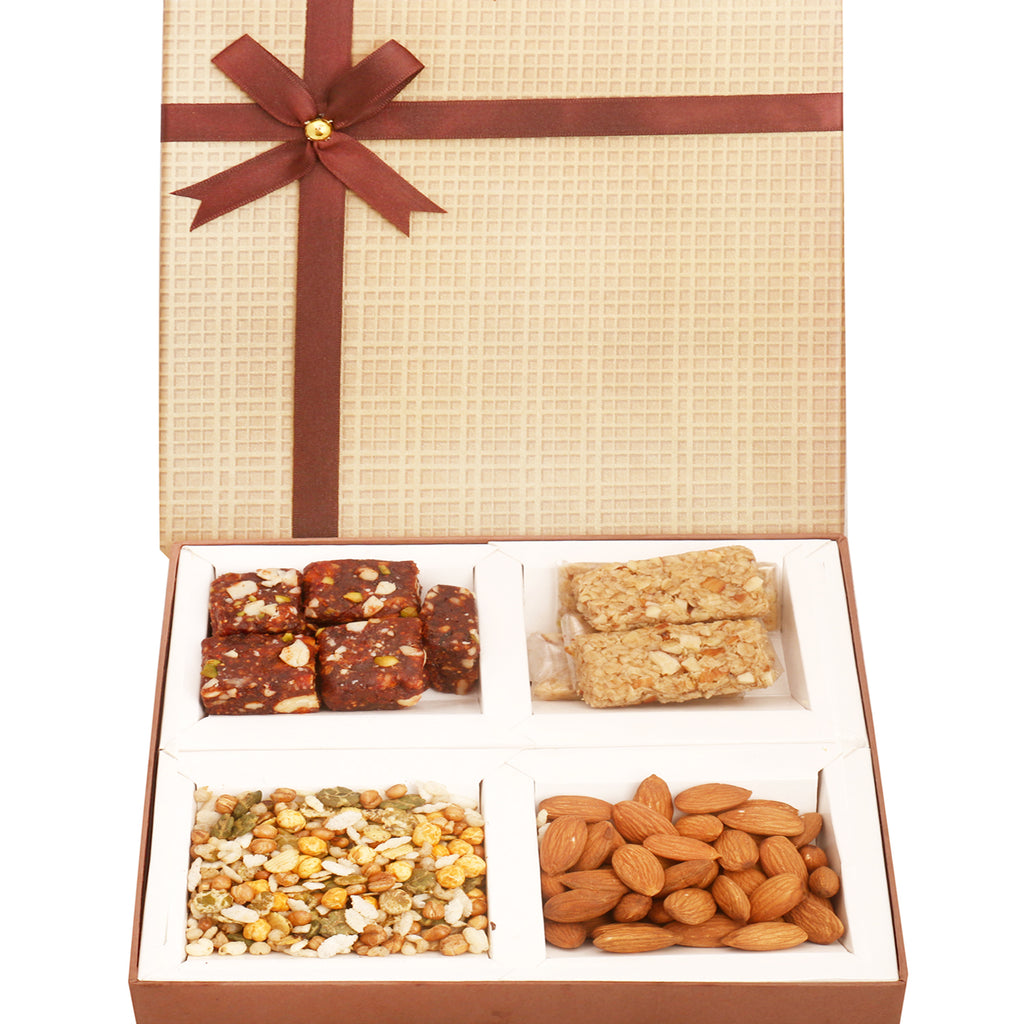 Mother's Day Gift-Brown Checks Almonds, Roasted Protein Namkeen, Granola Bars and Dates Figs Bites Box 