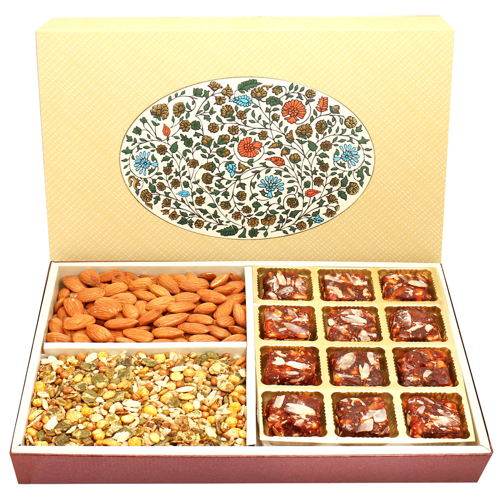 Mother's Day Gift-Eco Print 4 Part 12 Pcs Sugarfree Dates and Figs Bites ,Almonds and Roasted Namkeen Hamper Box