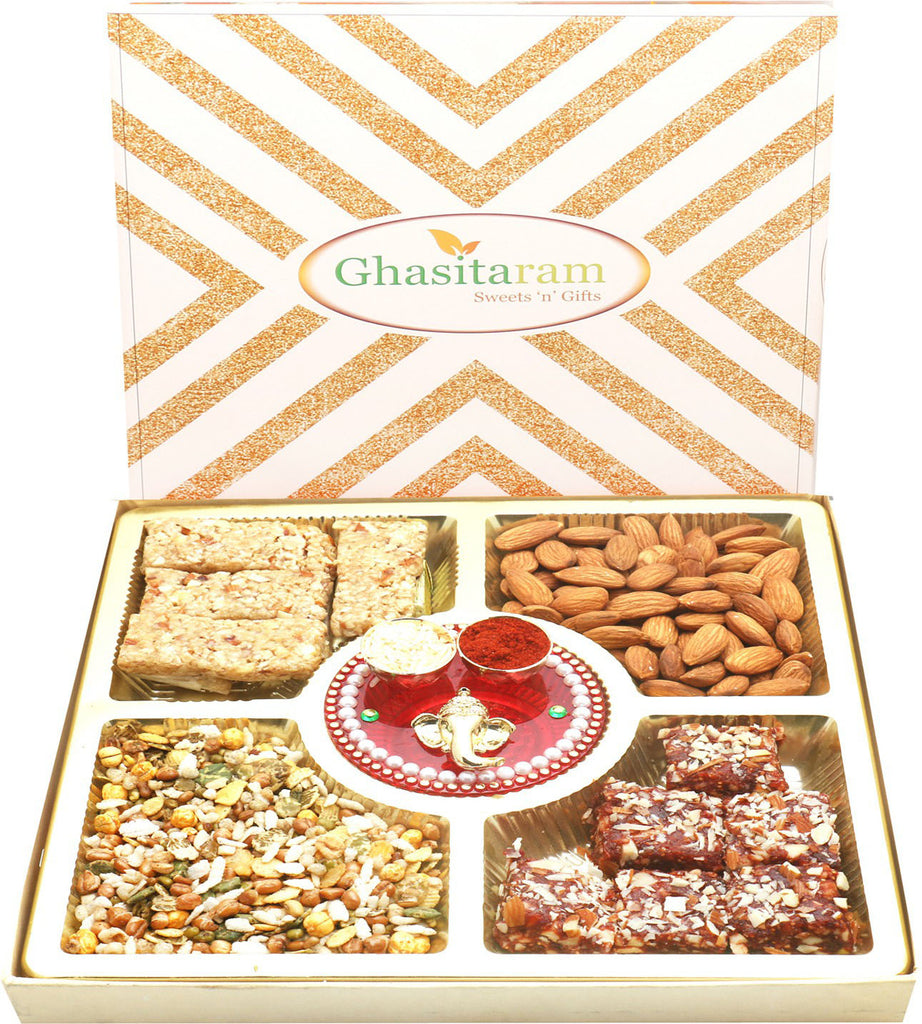 Mother's Day Gift-Ghasitaram Special Almonds, Roasted Protein Namkeen, Granola Bars and Dates Figs Bites Box  with Mini Pooja Thali