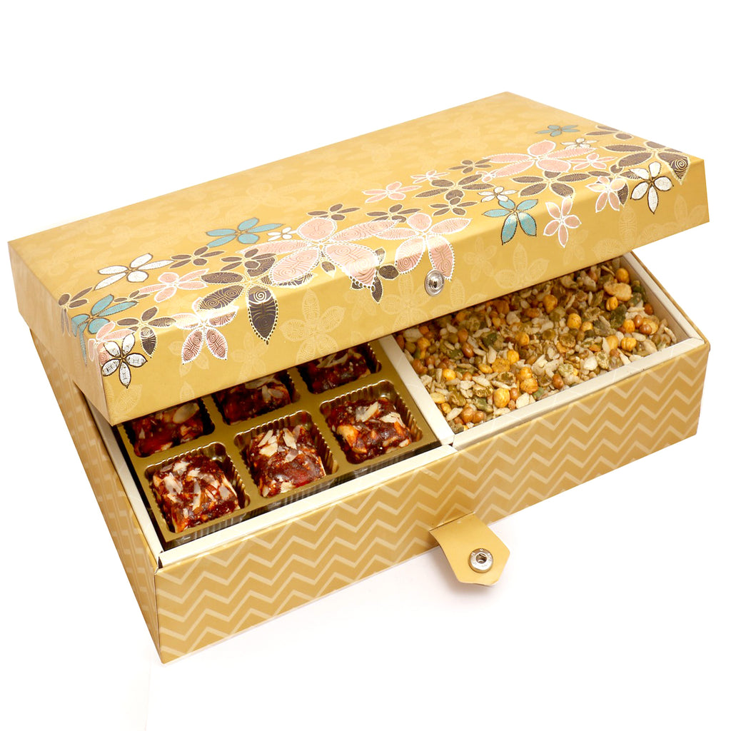 Mother's Day Gift-Gold 4 Print 12 Pcs Sugarfree Dates and Figs Bites ,Almonds and Roasted Namkeen Hamper Box