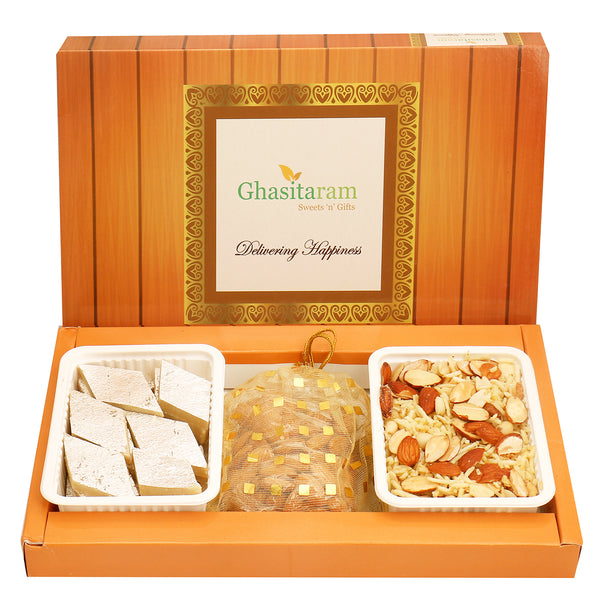 Mother's Day Gift-Kaju Katli , Namkeen and Almonds Pouch Hamper