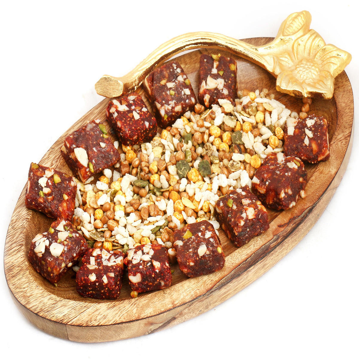 Mother's Day Gift-Wooden Healthy Dates Figs Bites and Roasted Protein Mix Namkeen Platter