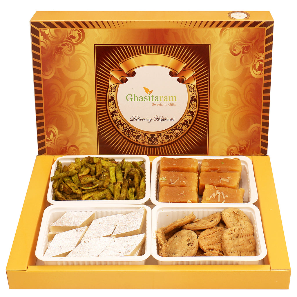 Mothers Day Sweets-Big Box of Kaju Katli, Soft Mysore Pak, Methi Mathi and Potato Palak Chips