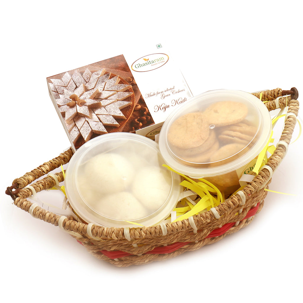 Mother's Day Gift-Jute Boat Basket of Kaju Katli, Rasgulla and Methi Mathi