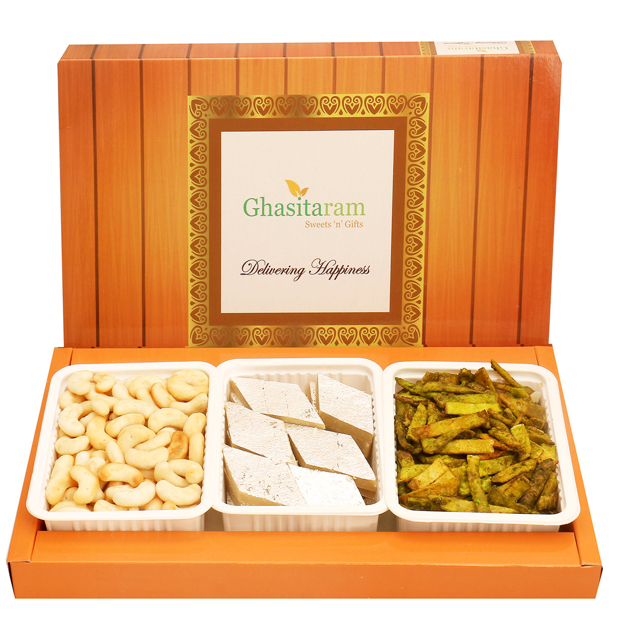 Mothers Day Sweets-Assorted Box of Kaju Katli,Cashew Shaped Biscuits and Palak Potato Chips