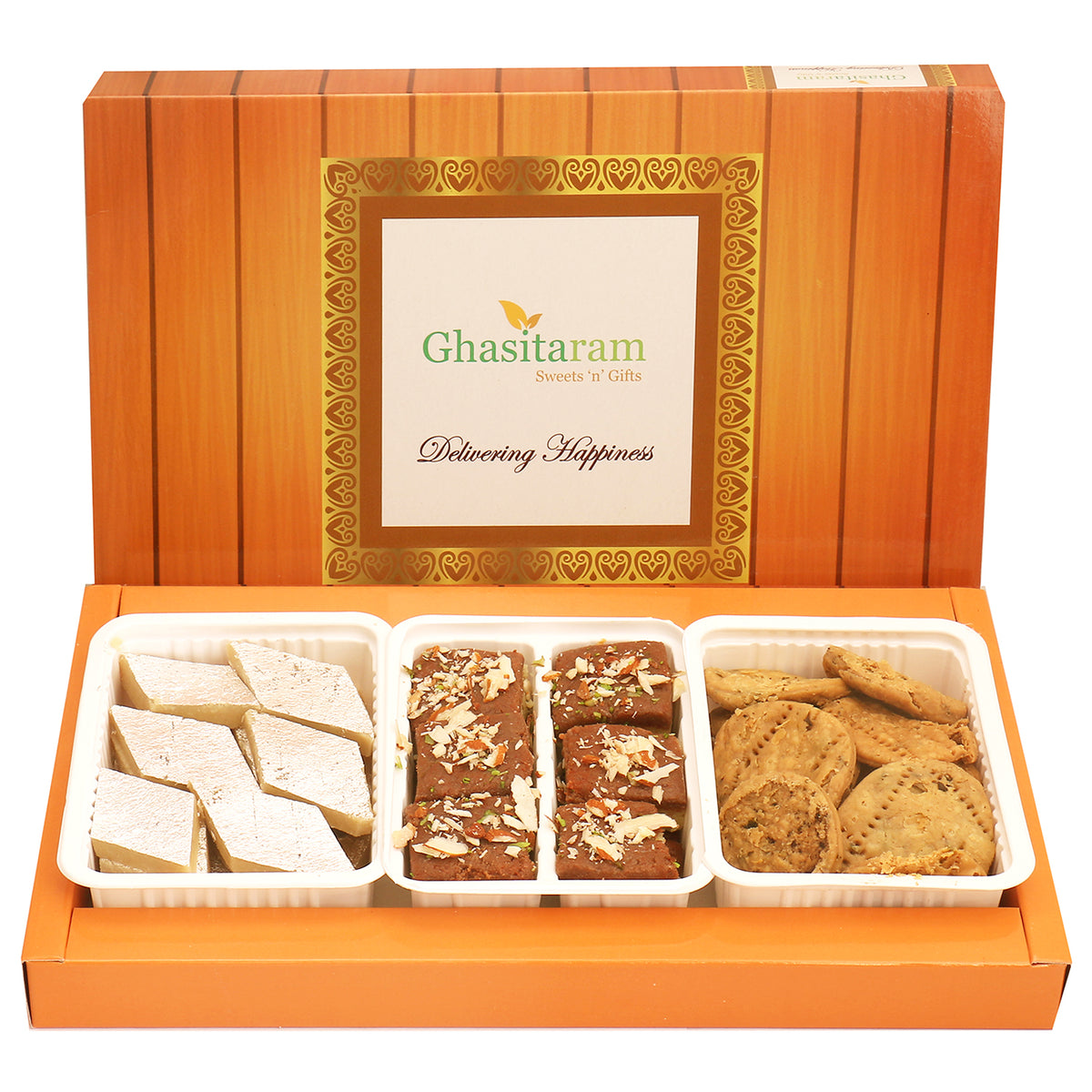 Mothers Day Sweets-Assorted Box of Kaju Katli, Chocolate Mawa Barfi and Methi Mathi