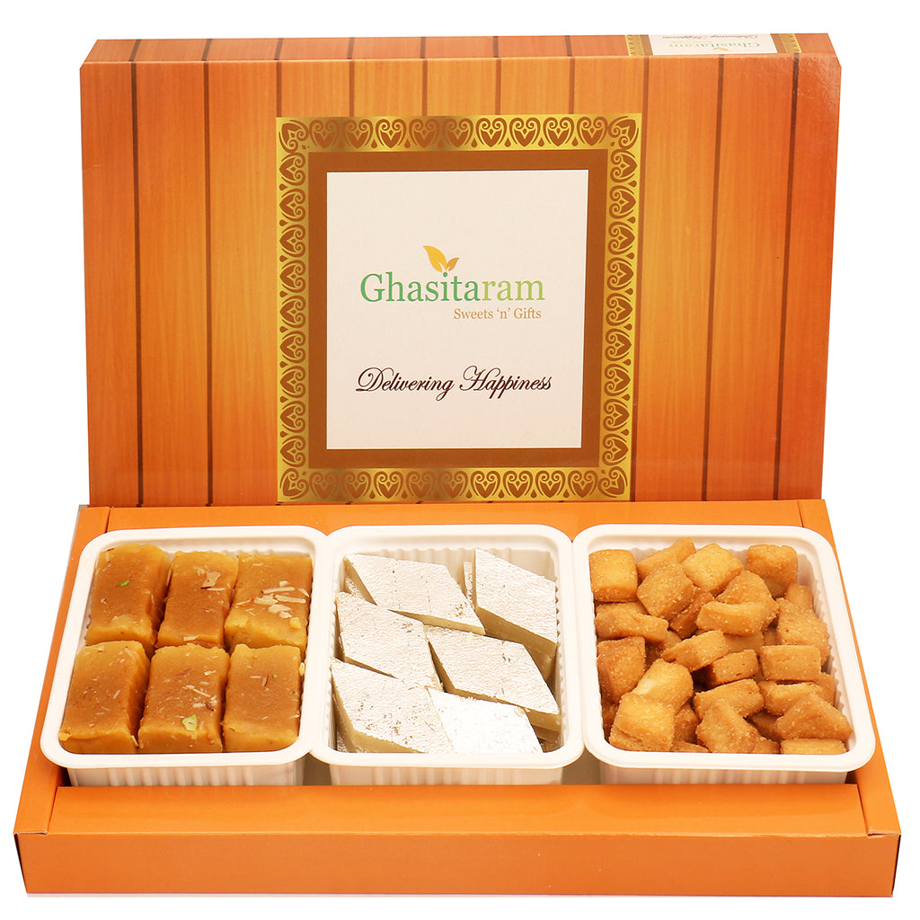 Mothers Day Sweets-Assorted Box of Kaju Katli, Soft Mysore Pak and Shakar Pada