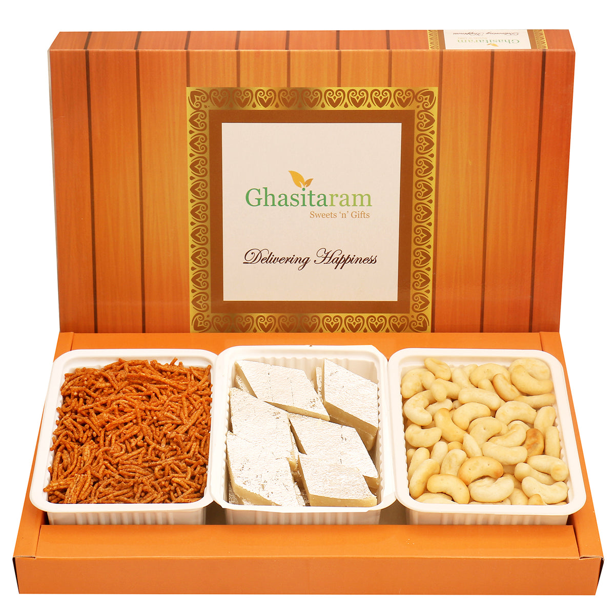 Mothers Day Sweets-Assorted Box Kaju Katli, Soya Sev and Cashew Shaped Biscuits