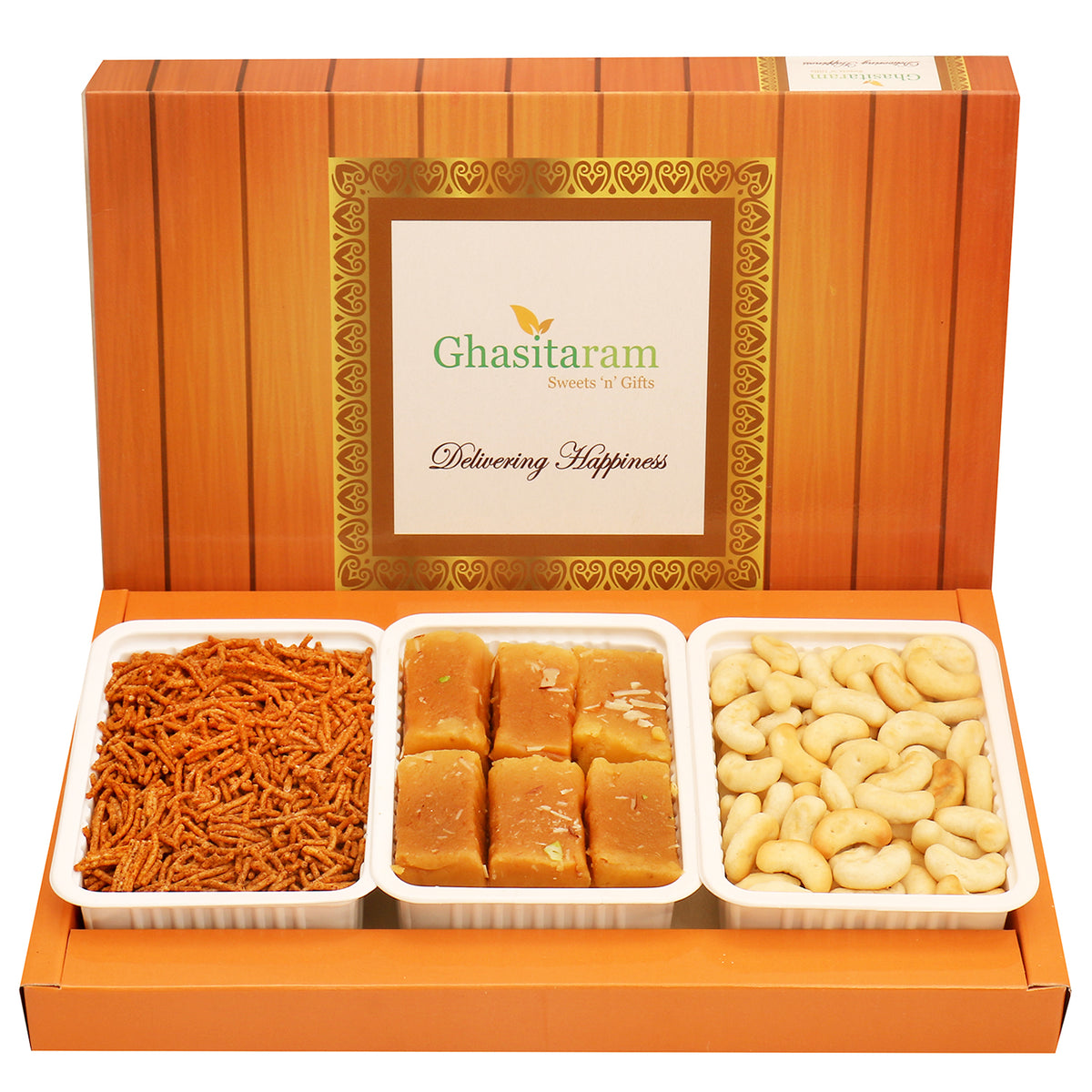 Mothers Day Sweets-Assorted Box of Mysore Pak, Soya Sev and Cashew Shaped Biscuits
