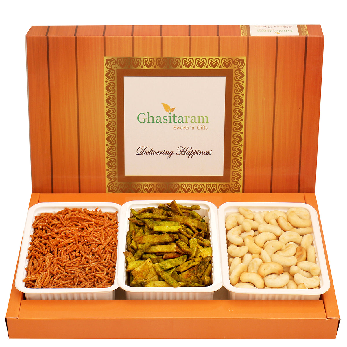 Mothers Day Sweets-Assorted Box of Soya Sev, Cashew Shaped Biscuits and Palak Potato Chips
