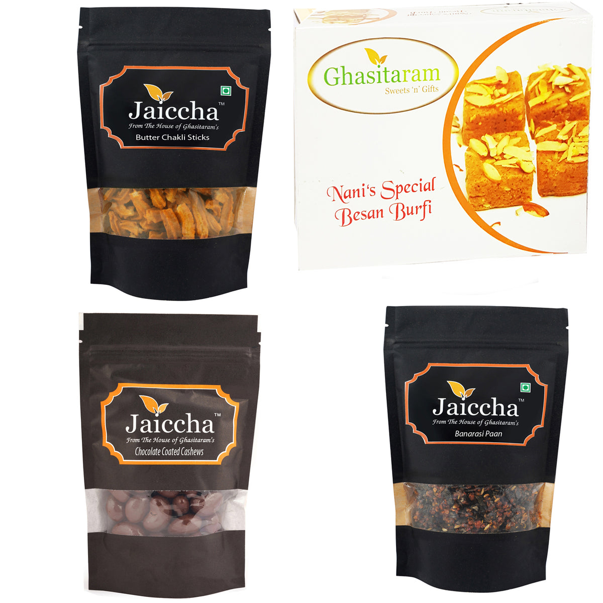 Mother's Day Gift - Best of 4 Besan Barfi, Butter Chakli Sticks, Banarsi Paan and Chocolate Coated Almonds