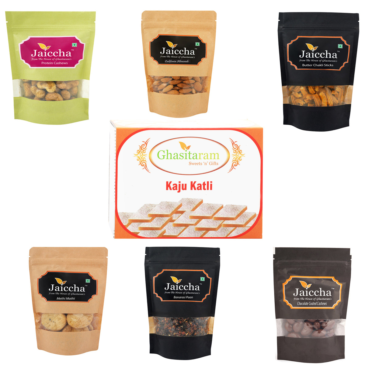 Mother's Day Gift - Best of 7 Kaju katlis, Barbeque Cashews, Almonds, Butter Chakli Sticks, Methi Mathi, Banarsi Paan and Chocolate Coated Almonds