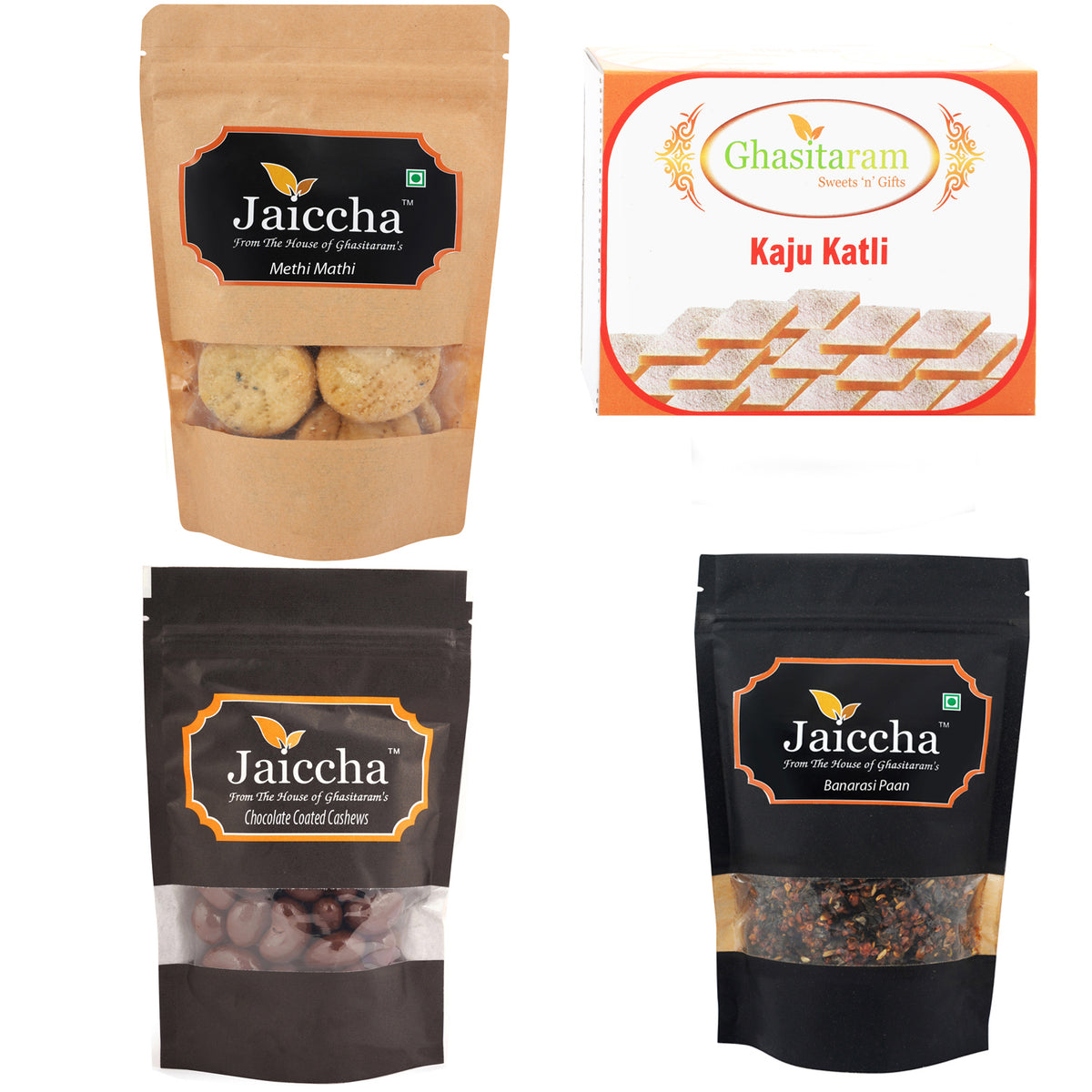 Mother's Day Gift - Best of 4 Kaju Katlis, Methi Mathi, Banarsi Paan and Chocolate Coated Almonds