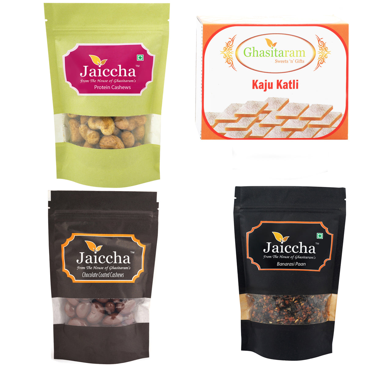 Mother's Day Gift - Best of 4 Kaju Katlis, Barbeque Cashews, Banarsi Paan and Chocolate Coated Almonds