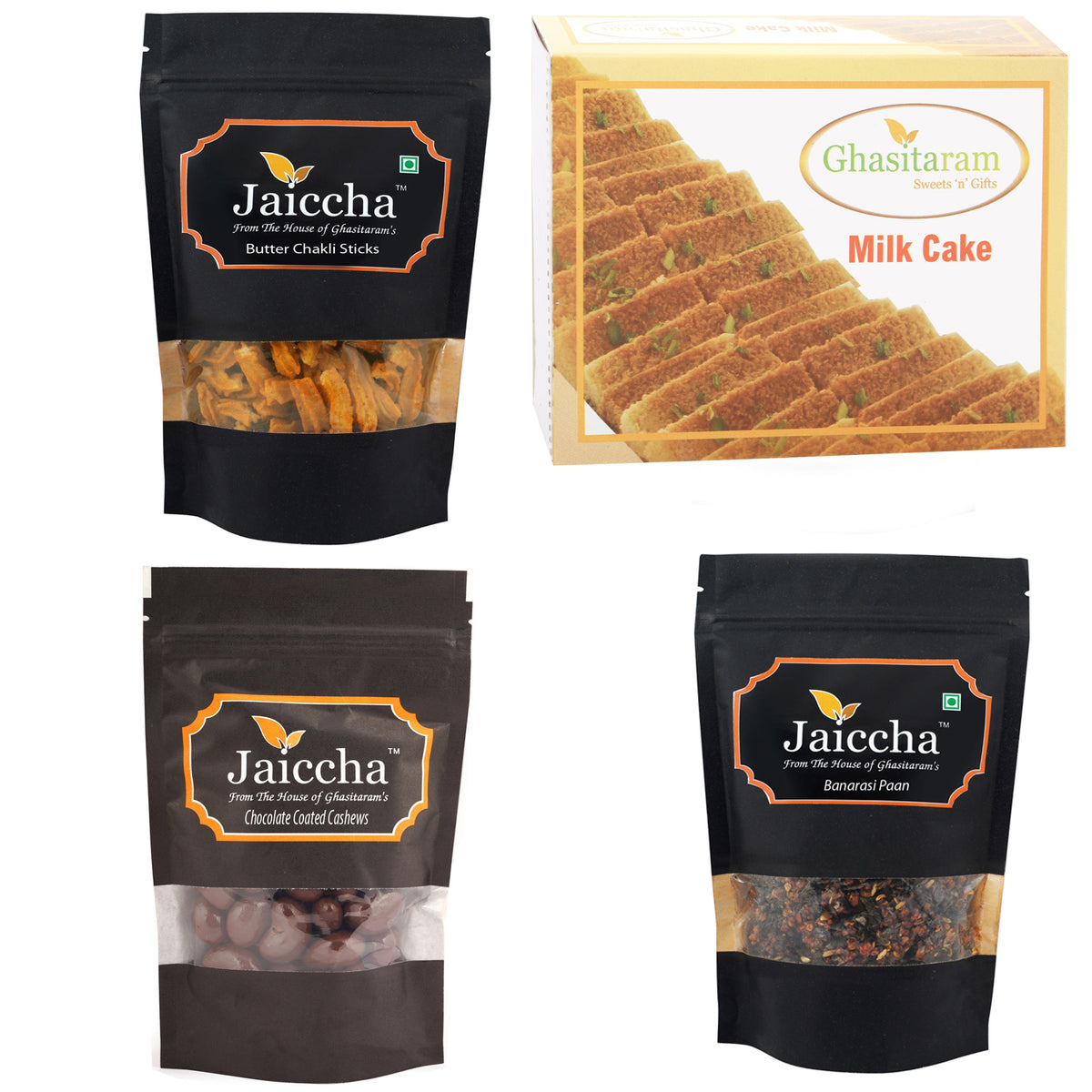 Mother's Day Gift - Best of 4 Milk Cake, Butter Chakli Sticks, Banarsi Paan and Chocolate Coated Almonds