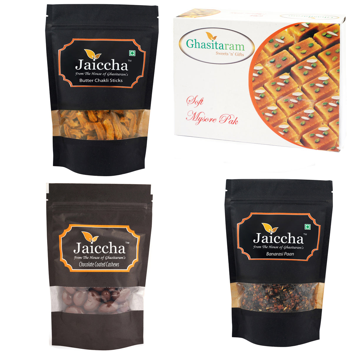 Mother's Day Gift - Best of 4 Mysore Pak, Butter Chakli Sticks, Banarsi Paan and Chocolate Coated Almonds