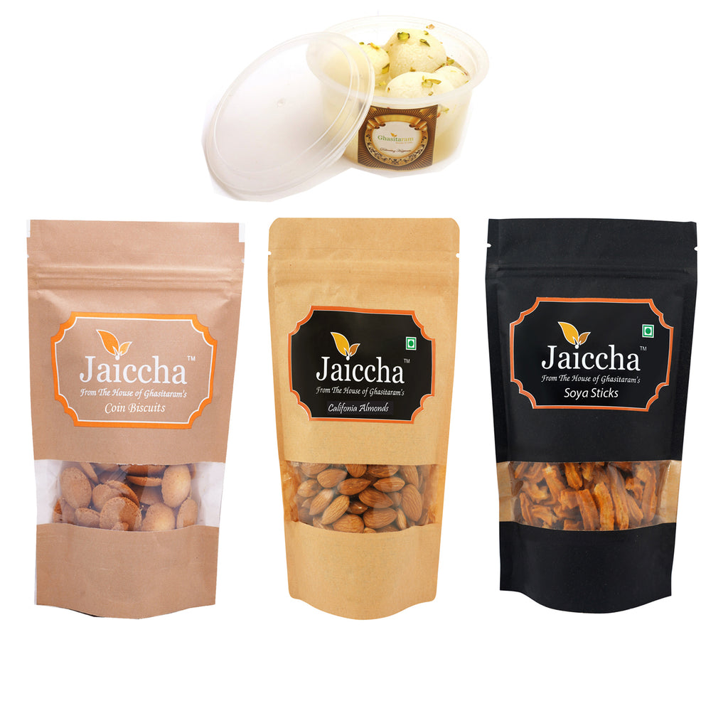 Mother's Day Gift - Best of 4 Rasgulla Pack, SOYA Stick Pouch, Coin Biscuits Pouch and Almonds Pouch