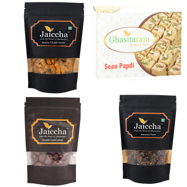 Mother's Day Gift - Best of 4 Soan Papdi, Butter Chakli Sticks, Banarsi Paan and Chocolate Coated Almonds