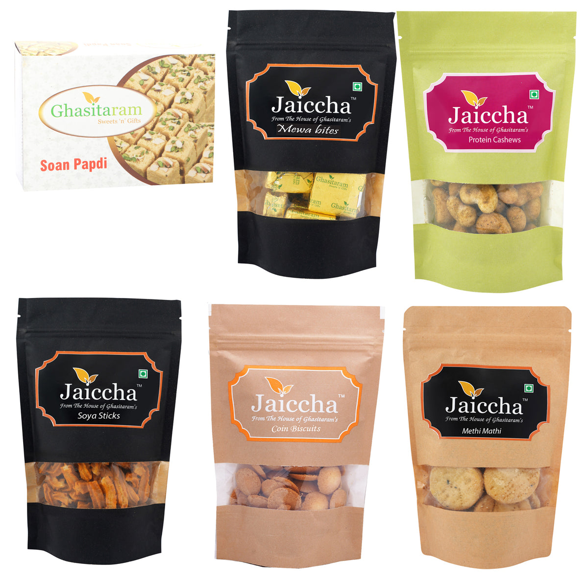 Mother's Day Gift - Best of 6 Soan Papdi Box, SOYA Sticks Pouch, Coin Biscuits Pouch, Methi Mathi Pouch, Barbeque Cashews Pouch, MEWA Bites Pouch