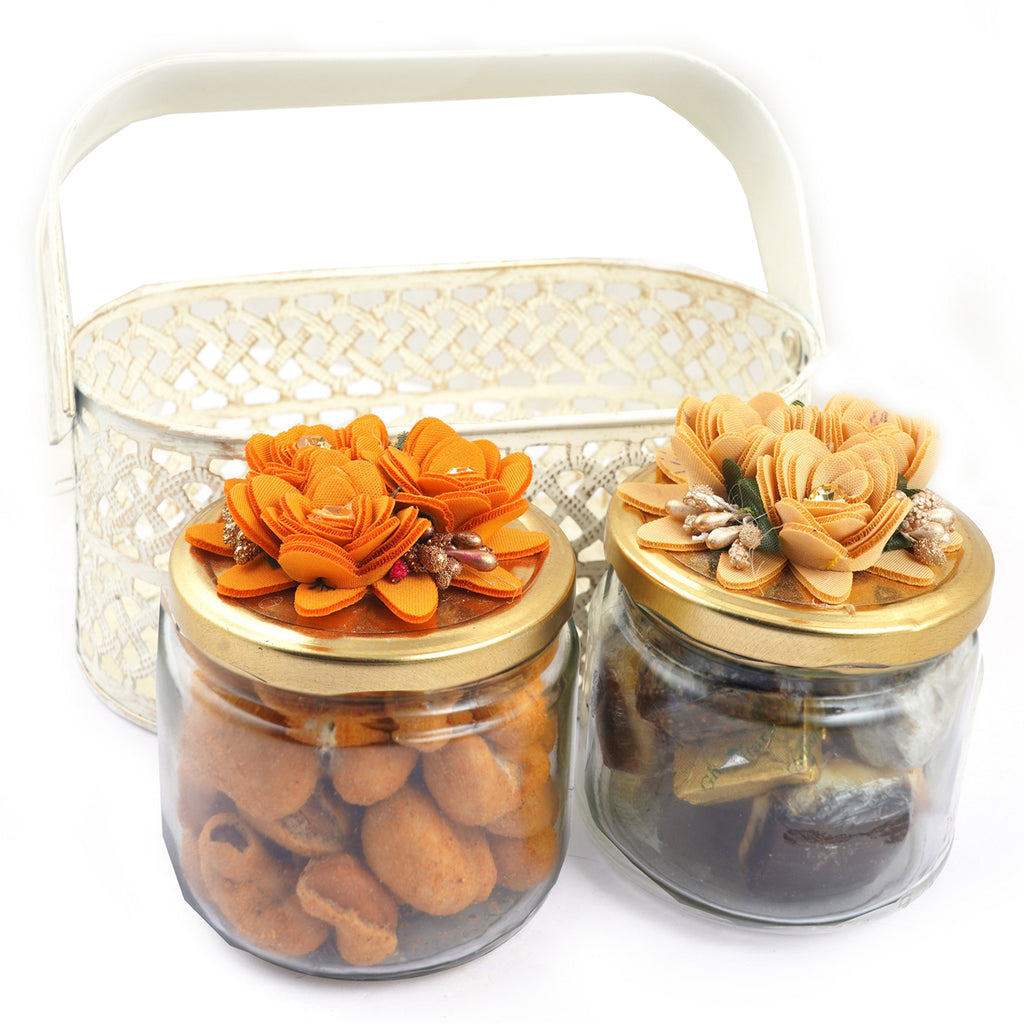 Mother's Day Gift-2 Jar Metal Basket of Assorted Bites and Barbeque Cashews