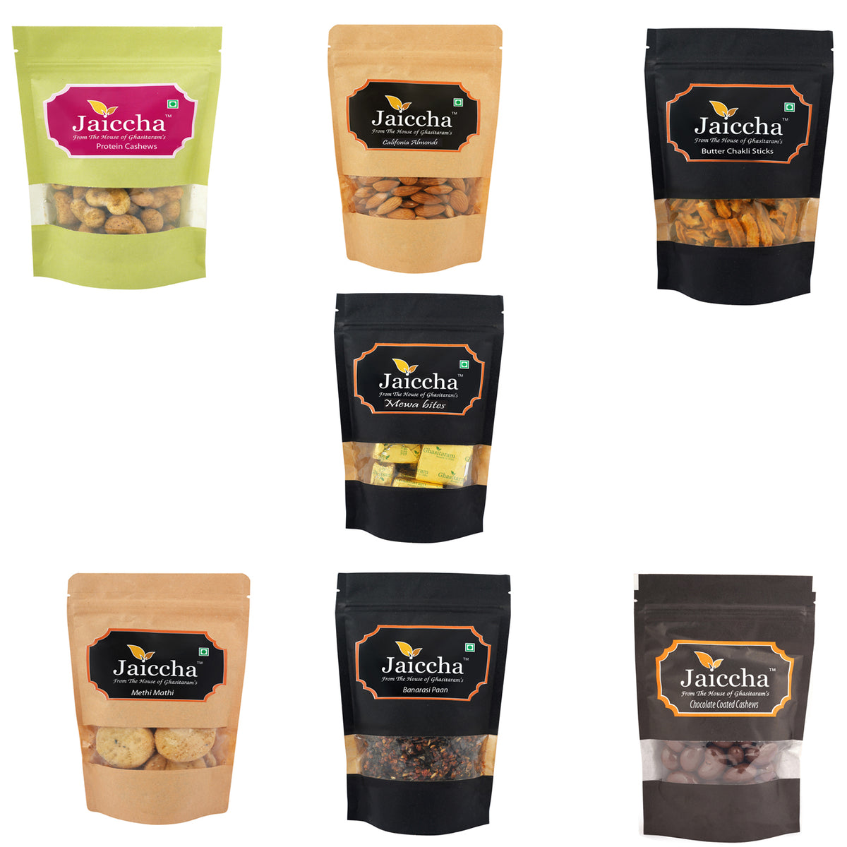 Mother's Day Gift - Best of 7 MEWA Bites, Barbeque Cashews, Almonds, Butter Chakli Sticks, Methi Mathi, Banarsi Paan and Chocolate Coated Almonds
