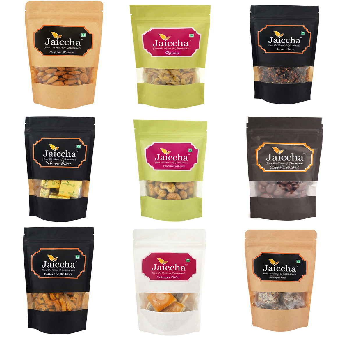 Mother's Day Gift - Best of 9 Almonds, Raisins, Banarsi Paan, MEWA Bites, Barbeque Cashews, Chocolate Coated Almonds, Butter Chakli Sticks, Mango Bites and Sugarfree Bites